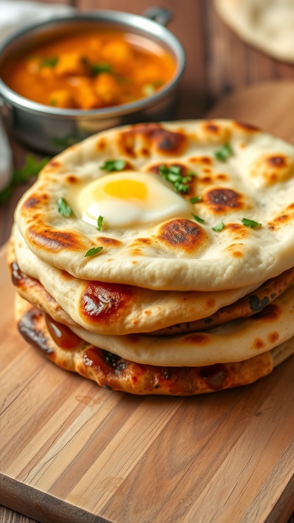 Easy Naan Bread Without Yogurt or Yeast A stack of golden naan bread brushed with butter, served with a bowl of curry on a wooden board.